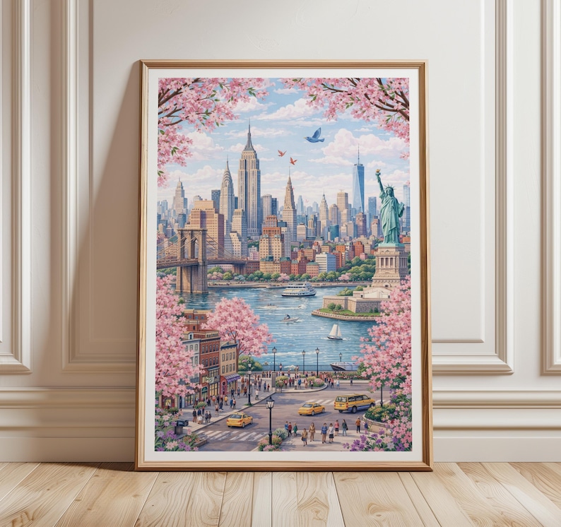Op de afbeelding: Een ingelijste kunstdruk met een levendig stadsbeeld van New York City, met het Empire State Building, het Vrijheidsbeeld en de Brooklyn Bridge. Roze kersenbloesems omlijsten de sc&egrave;ne, met gele taxi's en voetgangers op straat.