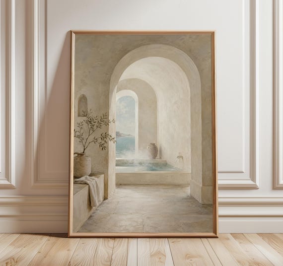 Mediterranean Spa Wall Art Print, Serene Arch Bathroom Poster, Neutral Coastal Bath Decor, Spanish Villa Powder Room Art