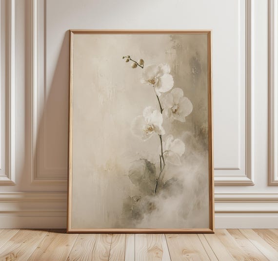 White Orchid Spa Wall Art Print, Neutral Bathroom Decor, Luxury Botanical Floral Art, Beige Hotel Bathroom Wall Decor