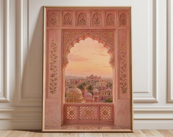Jaipur Pink City Window Wall Art, Rajasthani Palace View Print, Indian Arch Poster, Mughal Architecture Decor