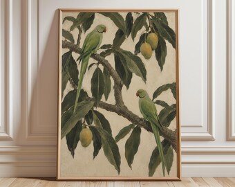 Indian Ringneck Parrot Wall Art Print, Mango Tree Botanical Art, Green Bird Poster, Vintage Tropical Decor, Indian Home Decor