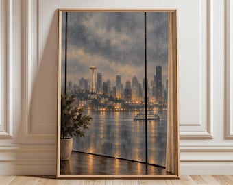 Seattle Wall Art, Rainy Seattle Skyline Print, Moody Cityscape Artwork, Pacific Northwest Decor