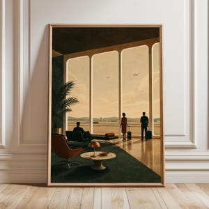 May include: A framed wall art print depicting an airport lounge interior with large windows overlooking a runway. The scene features silhouettes of three people with luggage, a brown lounge chair, a round table with a lamp, and a potted plant.