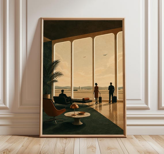 Retro Airport Lounge Art Print, Mid Century Aviation Travel Wall Decor