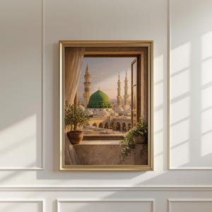 May include: A framed painting depicts a view of a mosque with a green dome and minarets, seen through a window. The artwork features a gold frame, a neutral color palette, and potted plants on the windowsill, creating a serene atmosphere.