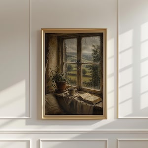 May include: A framed painting depicts a window scene with a view of a green landscape. A potted plant, a cup, and an open book rest on the windowsill. The artwork has a warm, inviting color palette, with a gold frame.