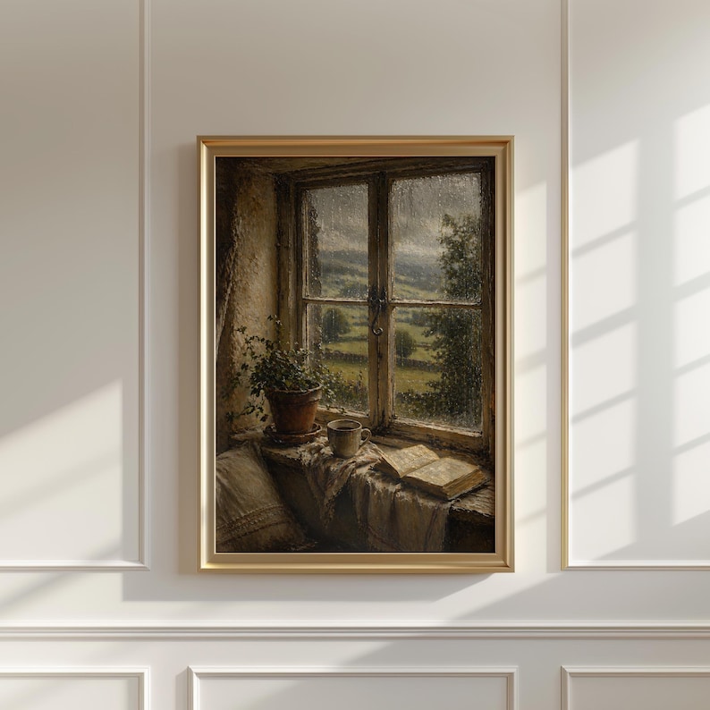 May include: A framed painting depicts a window scene with a view of a green landscape. A potted plant, a cup, and an open book rest on the windowsill. The artwork has a warm, inviting color palette, with a gold frame.