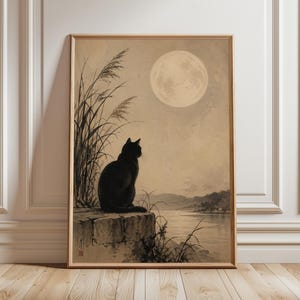 Black Cat Wall Art, Japandi Moon Print, Zen Cat Artwork, Japanese Style Night Landscape, Minimalist Neutral Animal Decor
