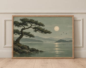 Estampado de paisaje Japandi en verde salvia, arte mural de pino japonés, lago y montañas a la luz de la luna, arte natural horizontal, decoración tranquila para el dormitorio.