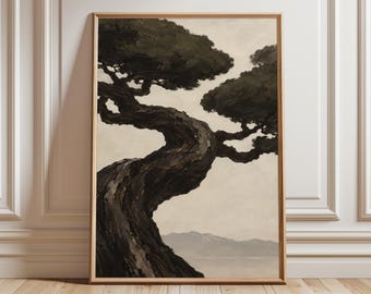 Japanese Pine Tree Art Print, Japandi Wall Art, Wabi Sabi Decor, Olive Green and Beige Vertical Landscape