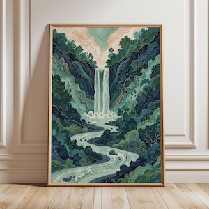 Classic Japanese Ukiyo-e Waterfall Print – Hokusai Inspired Landscape Wall Decor