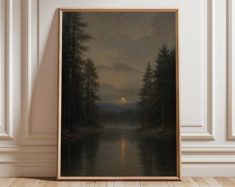 Moon Forest Wall Art, Dark Landscape Print, Pine Forest Painting, Moody Nature Decor, Rustic Woodland Art