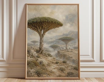Socotra Wall Art Print, Dragon Blood Tree Landscape, Yemen Island Decor, Desert Tree Painting, Neutral Nature Poster