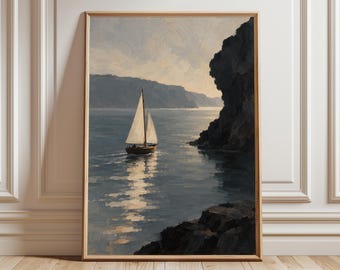 Sailboat Art Print, Moody Coastal Wall Art, Vintage Style Seascape Print, Nautical Ocean Landscape, Sailing Boat Picture, Beach House Decor
