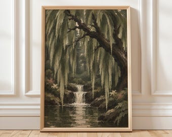 Willow Tree Wall Art Print, Moody Botanical Landscape, Japandi Nature Decor, Waterfall Forest Artwork, Earthy Green Wall Art