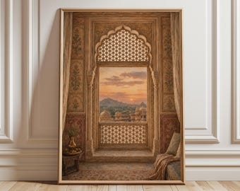 Indian Palace Window Wall Art Print, Jharokha Rajasthan Artwork, Mughal Haveli Decor, Sandstone Palace Sunset Painting