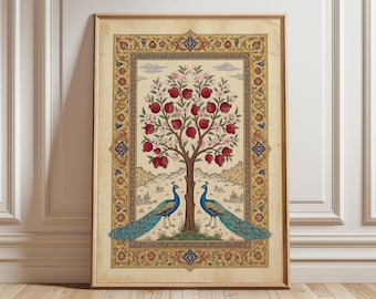 Art mural grenadier de Perse avec paons | Impression botanique safavide de style miniature | Affiche de décoration florale islamique