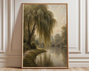 Weeping Willow Wall Art Print, British Park Landscape Painting, London Park Lake Poster, English Countryside Wall Decor