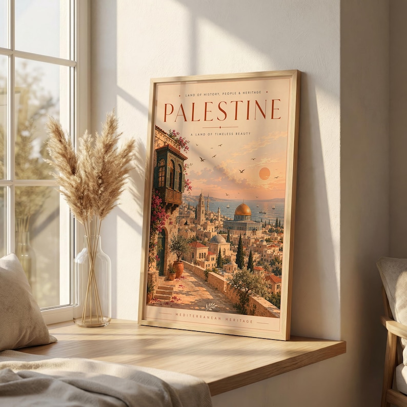 May include: A rectangular framed art print titled PALESTINE, featuring a warm-toned illustration of a historic city with stone buildings, a golden dome, and a sunset sky. The text reads LAND OF HISTORY, PEOPLE & HERITAGE and MEDITERRANEAN HERITAGE.