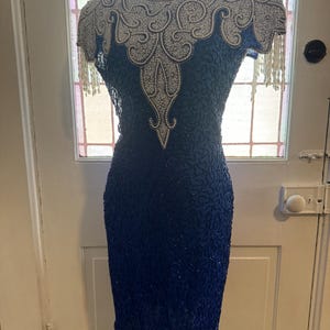 80s Blue Beaded Silk Dress
