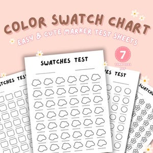 May include: Several white paper swatch test sheets with different shapes, such as clouds, flowers, and circles. The text "COLOR SWATCH CHART" and "EASY & CUTE MARKER TEST SHEETS" are in brown. The background is a soft pink colour.