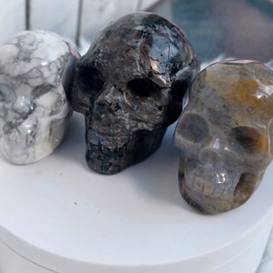 May include: Three small skull-shaped crystal carvings. One is white with gray veins, one is black with silver veins, and one is brown with gray veins.
