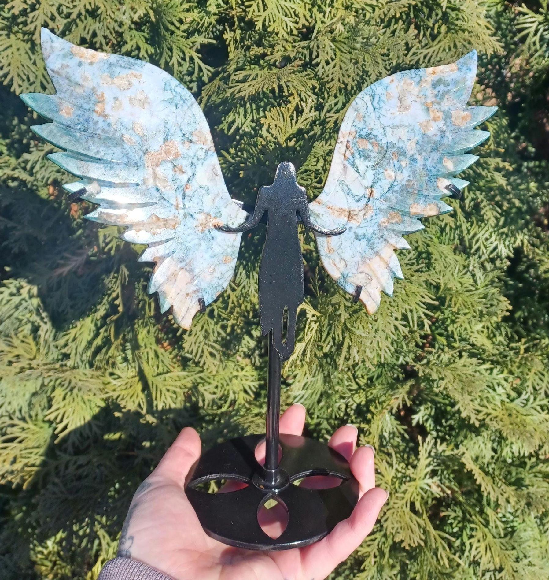 Beautiful LARGE Moss Agate Angel Wings Carving Includes Black Stand - Etsy