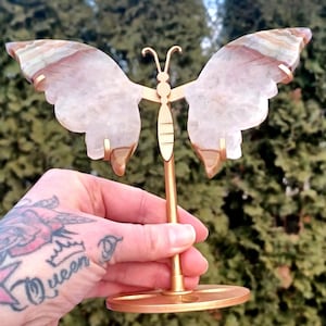Agate Butterfly Wings Shaped Carving includes Gold Butterfly Stand