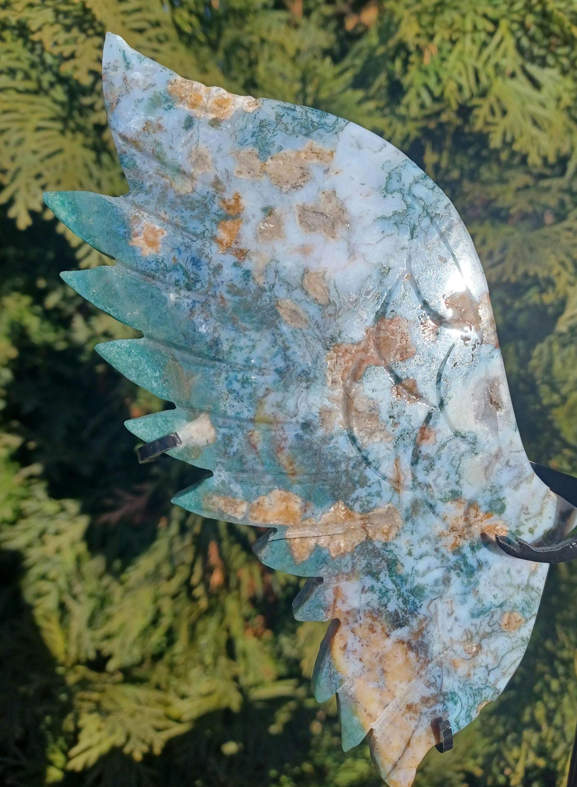 Beautiful LARGE Moss Agate Angel Wings Carving Includes Black Stand - Etsy
