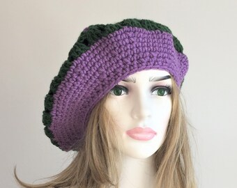 Oversized Colorful  Beret, Handmade Crochet Hat, Purple HatTam, French Beret, Purple and Green Colors