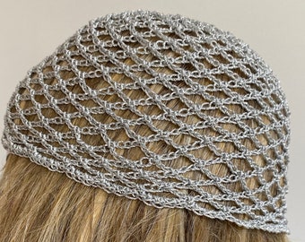 Crochet Silver Mesh Hat; All Color Skull Cap, Netted Silver Beanie, Gold sparkling gift