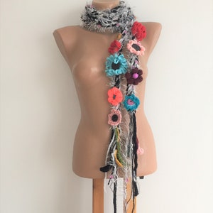 Flower Skinny Necklace, flower Lariat, Spring Crochet Scarf, Hippie Scarf, Colorful Lariat, Bohemian Design