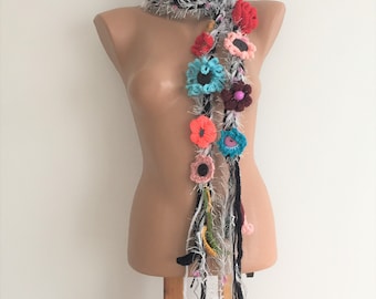 Flower Skinny Necklace, flower Lariat, Spring Crochet Scarf, Hippie Scarf, Colorful Lariat, Bohemian Design