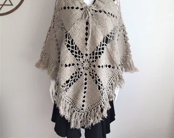 Beige Oversized Spring Poncho, Crocheted Oat Cream Shawl, Handmade, Motifs Poncho