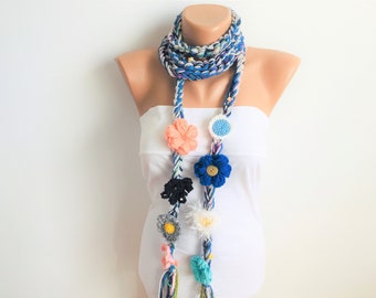 Flower Skinny Necklace, flower Lariat, Spring Crochet Scarf, Hippie Scarf, Colorful Lariat, Bohemian Design