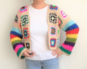 Mini Granny Square Coton Crocheted Cardigan, Yarn Short Jumper, Boho Coat, Woman Afghan Coat