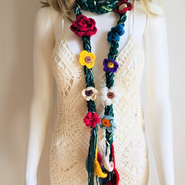 Flower Skinny Necklace, flower Lariat, Spring Crochet Scarf, Hippie Scarf, Colorful Lariat, Bohemian Design