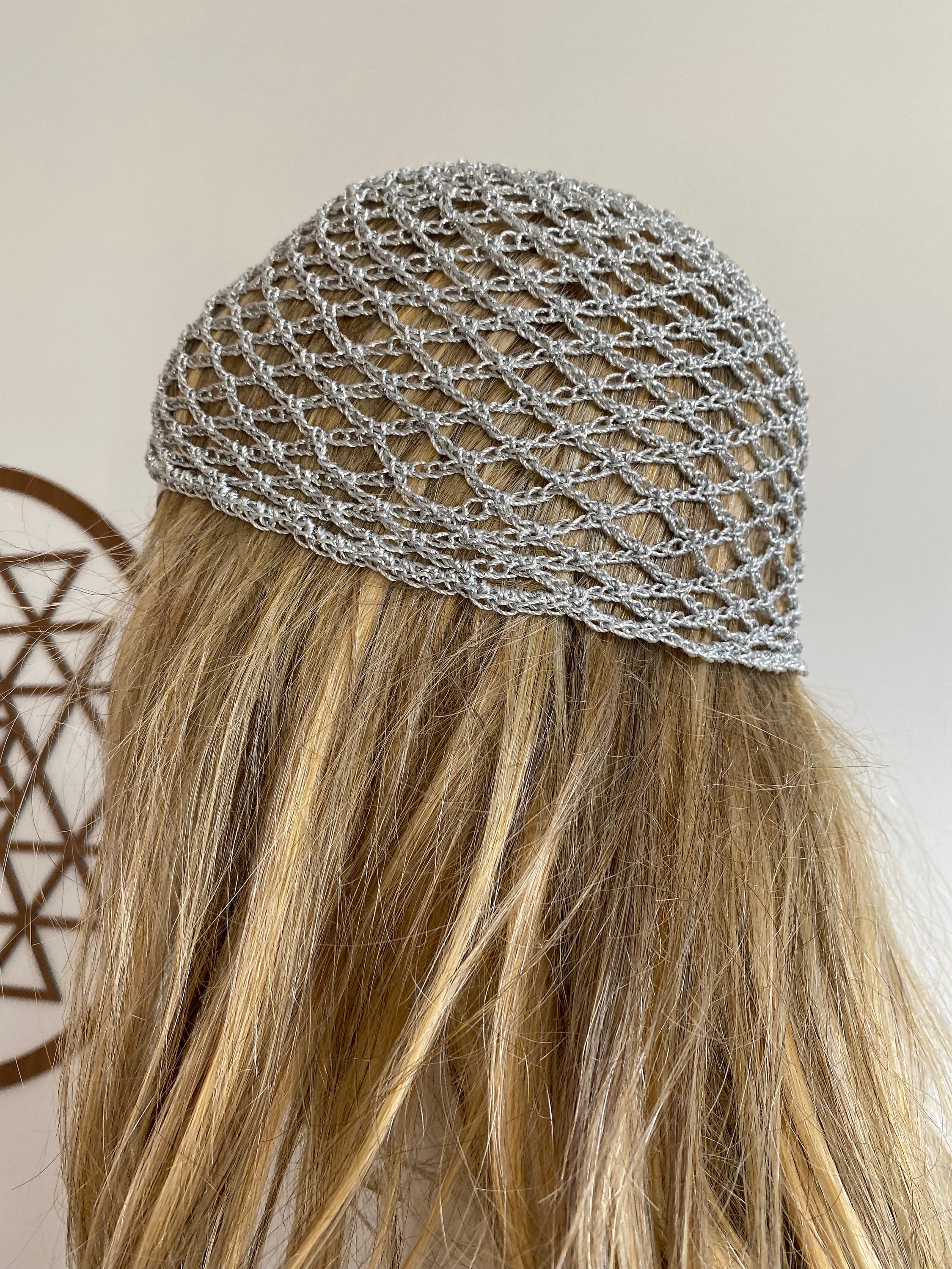 Crochet Silver Mesh Hat; All Color Skull Cap, Netted Silver  display picture 3