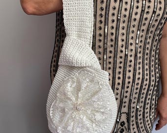 Minimalist Crochet Knot Bag - Soft Cotton Wristlet Purse, Bridal Tote Bag with tulle flower
