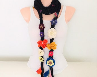 Flower Skinny Necklace, flower Lariat, Spring Crochet Scarf, Hippie Scarf, Colorful Lariat, Bohemian Design