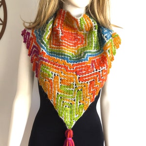 Colorful Green Tones Crochet Shawl, Wrap Scarf, Christmas Gift, Triangle Scarf with Tassel
