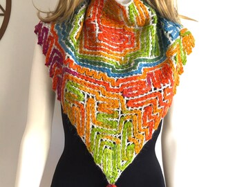 Colorful Green Tones Crochet Shawl, Wrap Scarf, Christmas Gift, Triangle Scarf with Tassel