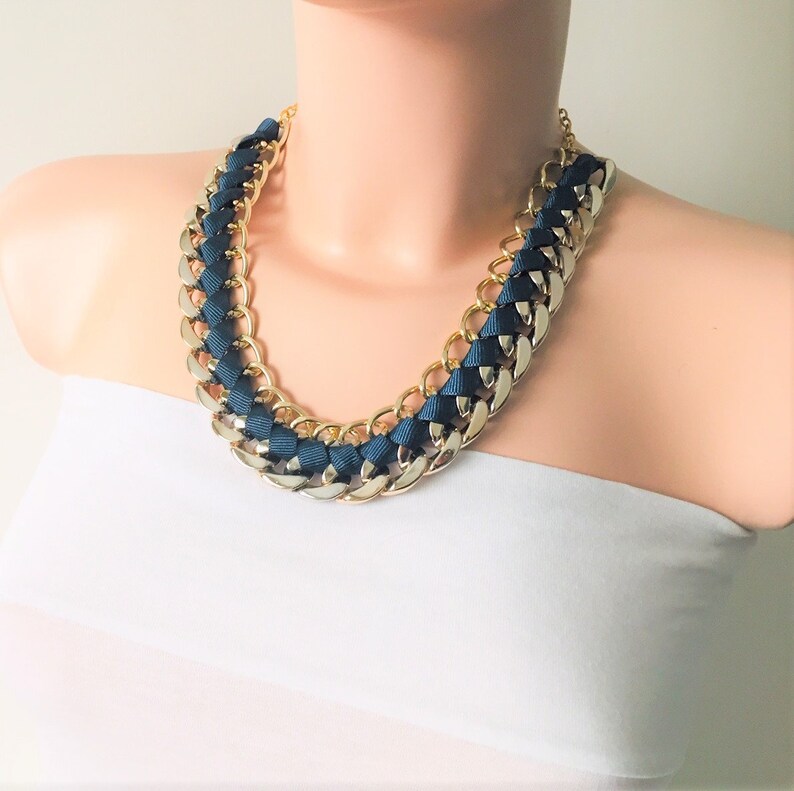 Statement Necklace Bib Necklace Chain and Ribbon Necklace-Dark Blue Ribbon Necklace