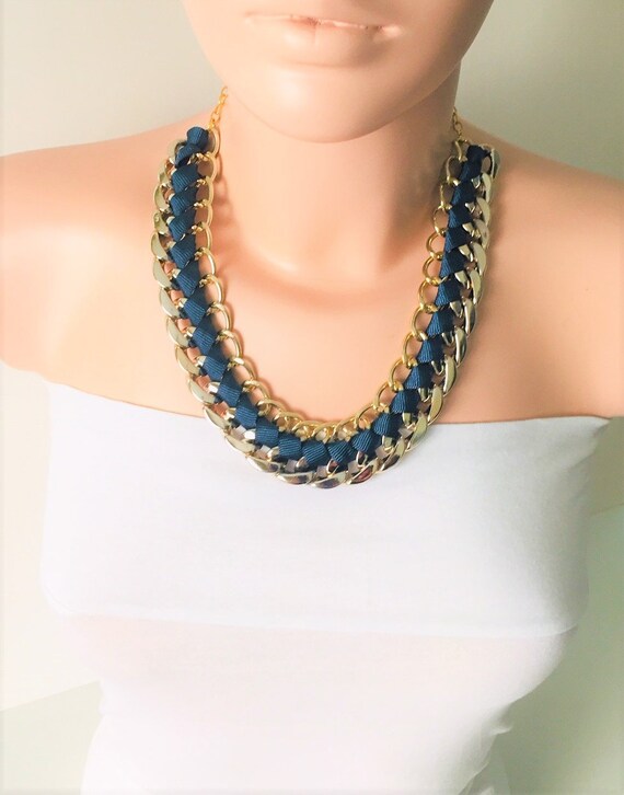 Statement Necklace Bib Necklace Chain and Ribbon Necklace-Dark Blue Ribbon Necklace
