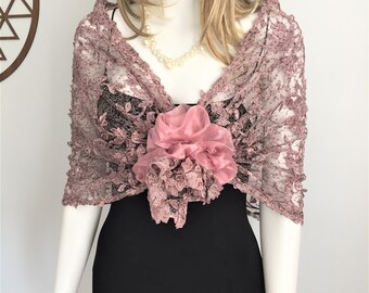 Powder Pink 3D Leaves Tulle  Shoulder Top, Pink Flowers  Shawl, Pink Wrap, Night Shawl, Bridal Cover Up, Bridesmaid Gift