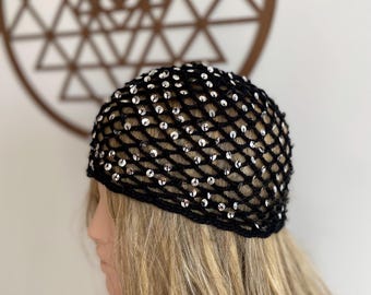 帽子 PERVERZE Crochet Knit Hat / Black Beaded Black Crochet Hat, Cotton Mesh Knitted Hat, Skull Cap