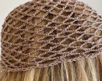 Crochet Beige Mesh Hat, All Color Skull Cap, Netted Mesh Beanie, Handmade hat, Mesh Beanie with sequins