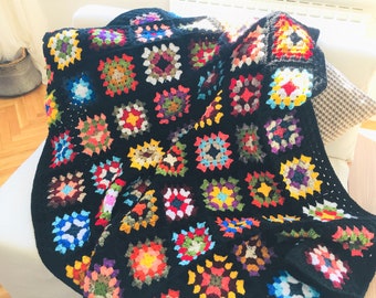Granny Square Wool Blanket, Afghan Crochet Throws, Colorful Travel Blanket, Handmade for Gift