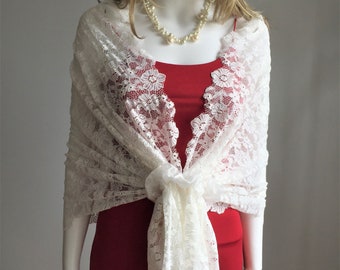 Off White French Lace Shrug, White  Flowers Shawl, white Wrap, Wedding Shawl, Bridal Cover Up, Bridesmaid Gift