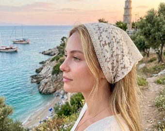 Handmade Tulle Bandanas: Ivory Cotton Triangle Hairband, Cottagecore Bandana